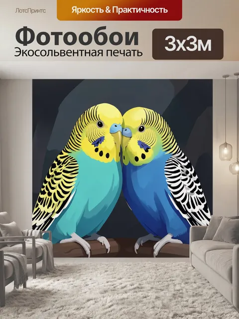 Фотообои Два волнистых попугая на ветке