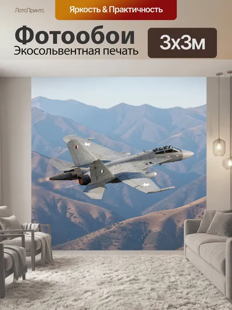Фотообои Военный реактивный истребитель серого цвета с белыми звездами на крыльях и фюзеляже летит на фоне гор с…