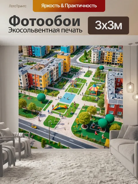 Фотообои город в стиле мозаика, жилой район с детскими площадками и семьями, проводящими время вместе