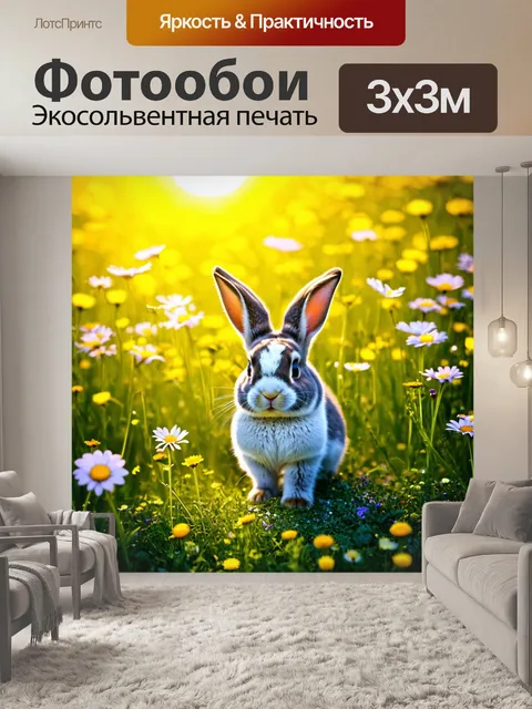 Фотообои зайчонок на цветочном лугу под ярким солнцем