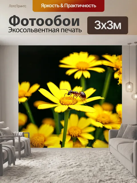 Фотообои близкий план муравья, исследующего желтый цветок на фоне слегка размытых других цветов