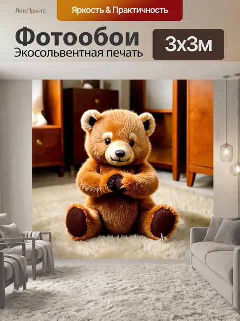 Фотообои медвежонок, нежно крепко обнимающий своего плюшевого друга, сидя на мягком ковре в уютной комнате с мягким…