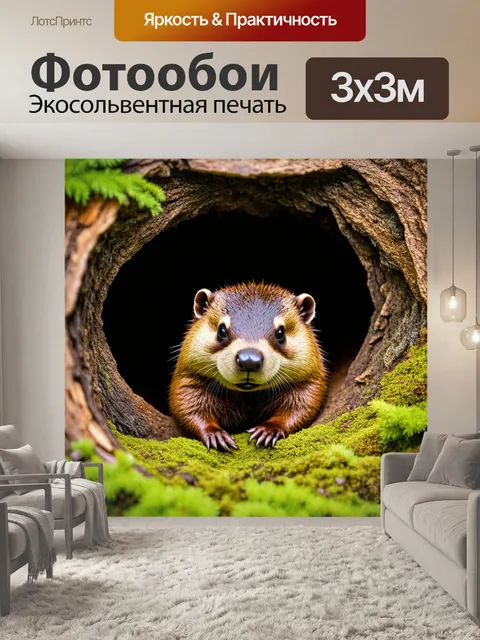 Фотообои бобер, закрывающий свое логово изнутри, макросъемка, фиксирующая текстуру кожи и детали среды обитания