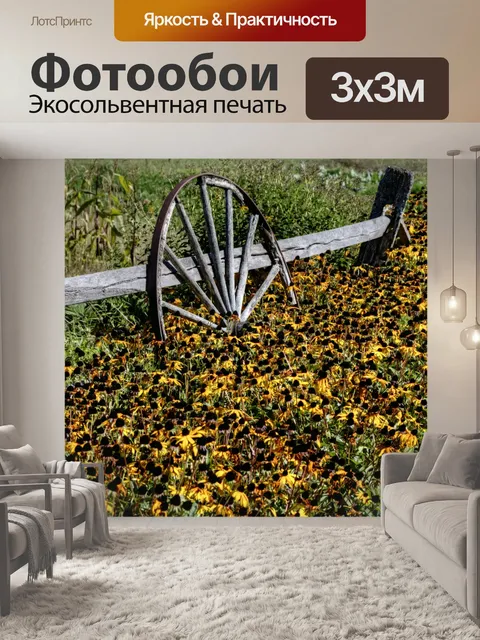 Фотообои Колесо телеги в цветочном саду