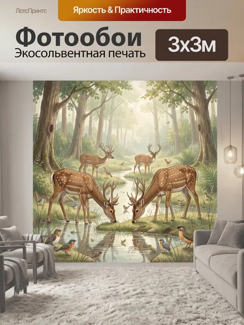 Фотообои Олени и птицы у лесного пруда