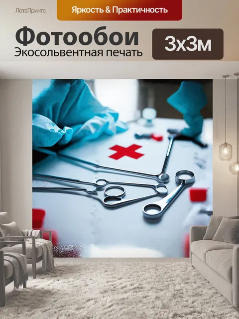 Фотообои большие стерильные инструменты разложены на медицинской поверхности с символикой красного креста