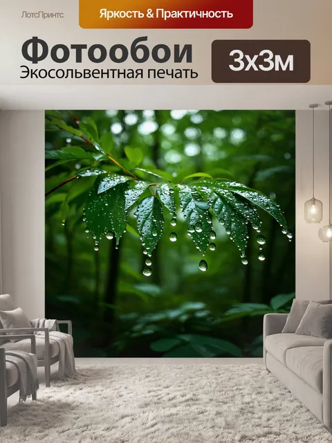 Фотообои лес с дождевыми каплями, стекающими по листьям