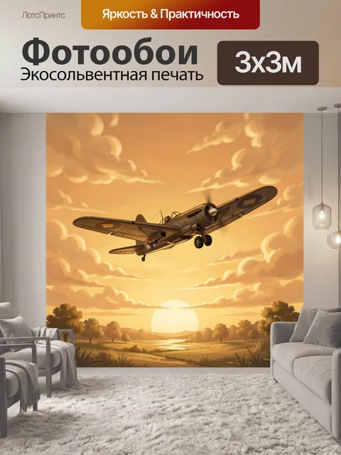 Фотообои Самолёт в золотом небе над полями