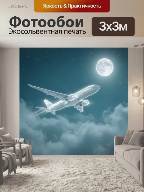 Фотообои Полет самолета под луной