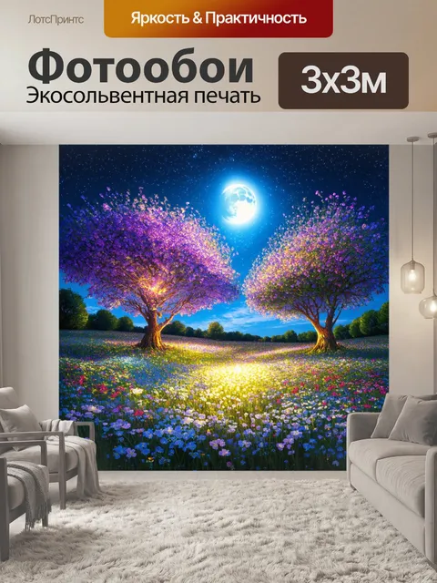 Фотообои цветы в стиле сюрреализм, цветы и деревья, испускающие свет, в окружении звёздного неба и лунного света