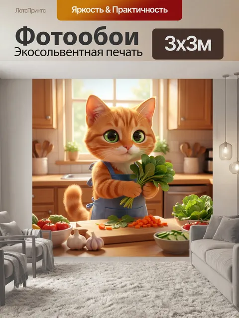 Фотообои Рыжий кот на кухне с зеленью