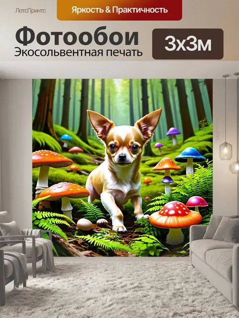Фотообои чихуахуа, исследующий лес, окружённый яркими лесными грибами и зелеными папоротниками