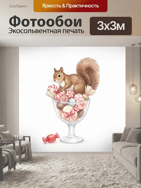 Фотообои Рыжая белка среди сладостей