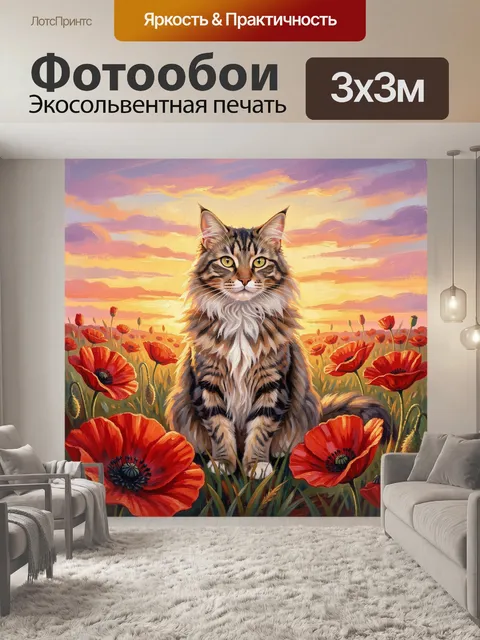 Фотообои Кот в маковом поле на закате