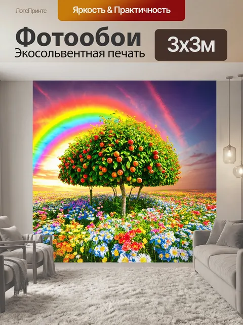 Фотообои природа в стиле психоделизм, где цветы вместо плодовых деревьев растут в виде радуги, образующей небо