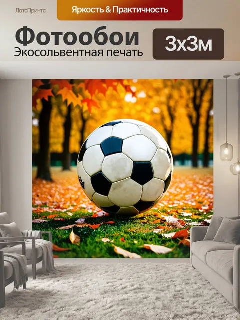 Фотообои футбольный мяч, покатывающийся по осеннему парку с падающими листьями