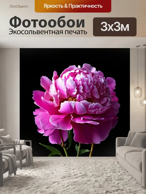 Фотообои пионы в стиле гиперриализм, на черном фоне, с яркими контрастными цветами, создающими драматическую атмосферу