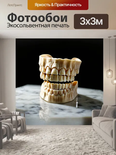 Фотообои челюсть, выполненная в реалистичном стиле, аккуратно разложена на мраморной поверхности