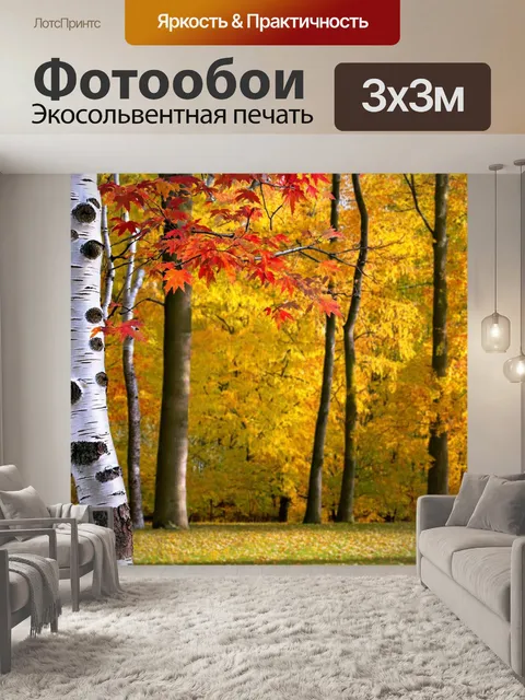Фотообои берёза на фоне осеннего леса, листья желтого и красного цвета падают под легким ветерком
