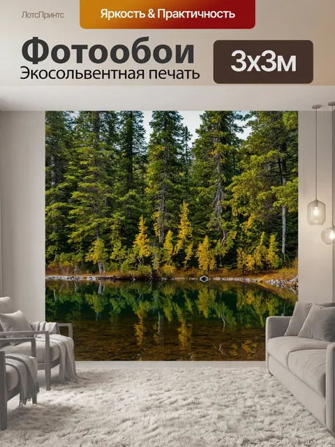 Фотообои тихое озеро в лесу с отражением деревьев в воде