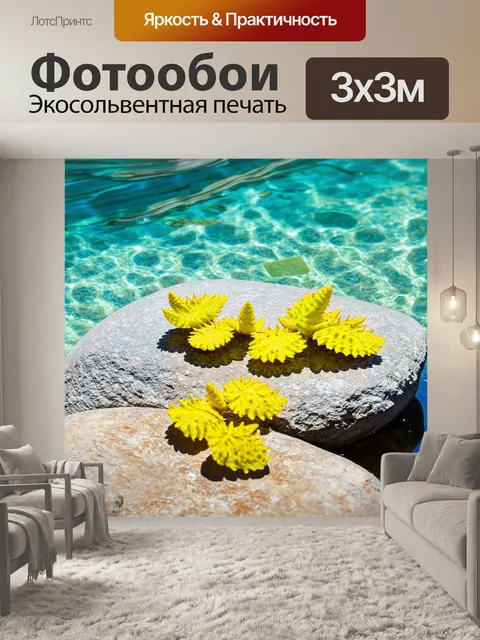 Фотообои сцена с желтым пахистахисом, случайно расположенным на гладком камне, омываемом прозрачной водой