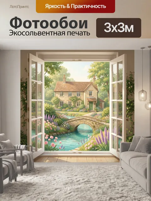 Фотообои Уютный коттедж с садовым мостиком