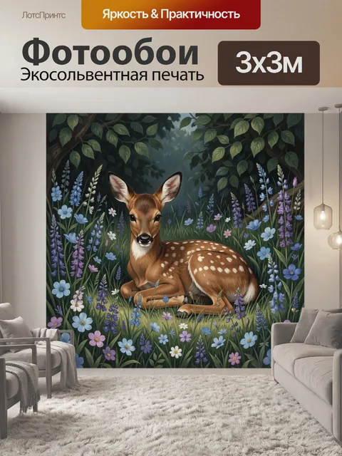 Фотообои Оленёнок среди лесных цветов