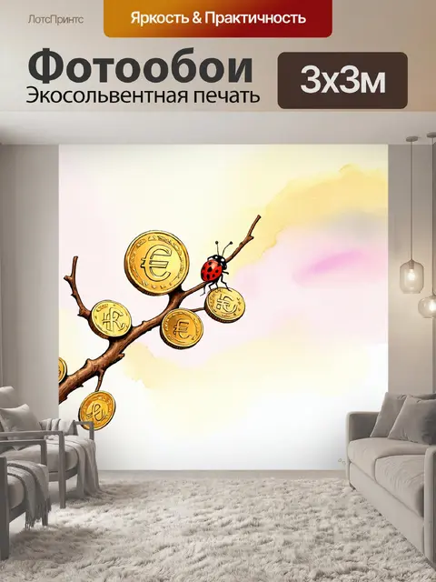 Фотообои художественная иллюстрация евро-монет в форме ветки, на которой сидит божья коровка