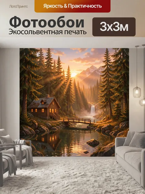 Фотообои Лесной дом у водопада