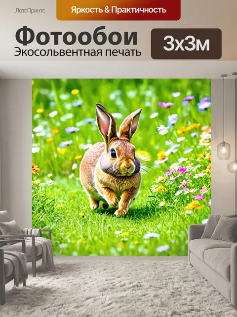 Фотообои коричневый кролик, бегущий по траве с цветами
