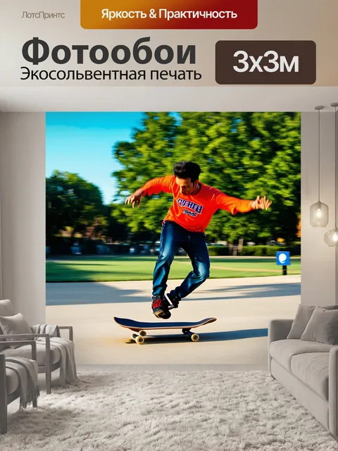 Фотообои спортсмен, исполняющий трюк на скейтборде в парке, динамика и энергия, летящие волосы и яркие цвета…