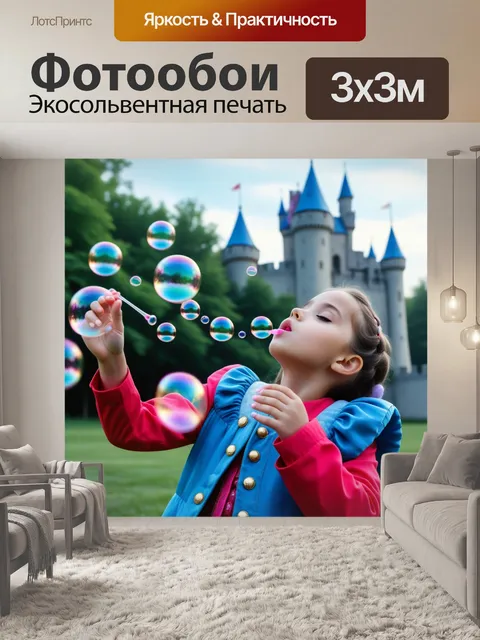 Фотообои замок с пузырьками, принцесса дует мыльные пузыри