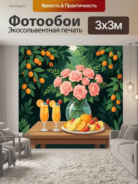 Фотообои Тропический натюрморт с розами и фруктами