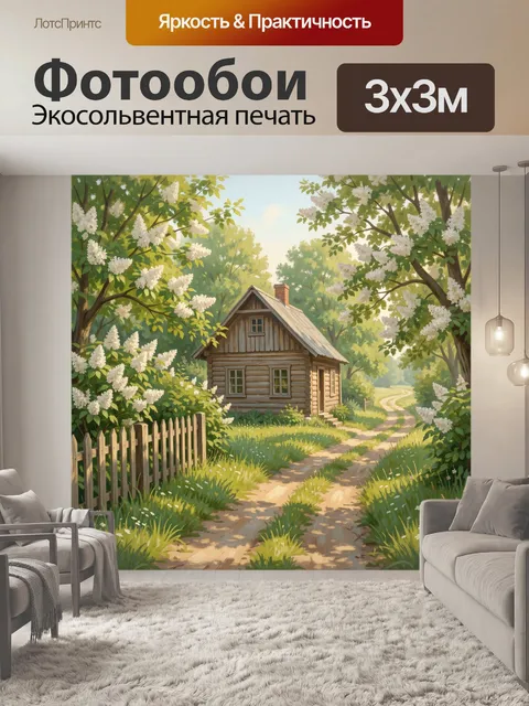 Фотообои Летний домик в цветущем саду