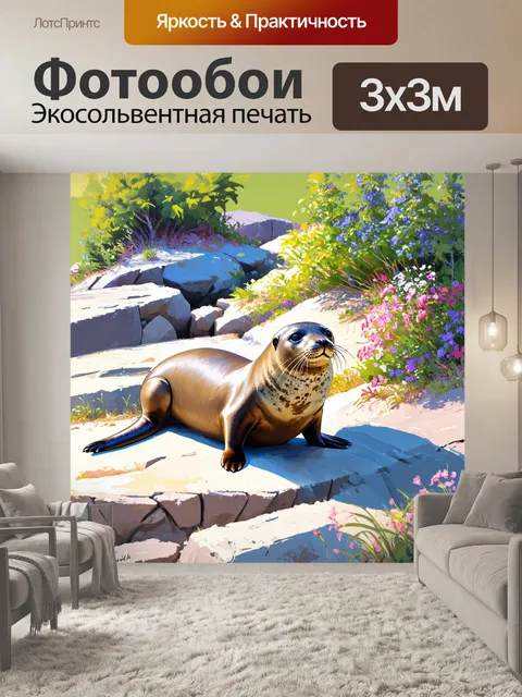 Фотообои тюлень, наслаждающийся теплым солнечным днем на камнях, вокруг цветы и небольшие деревья создают живописный…