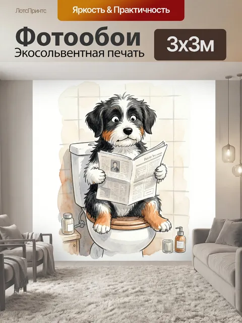 Фотообои Собака читает газету в ванной