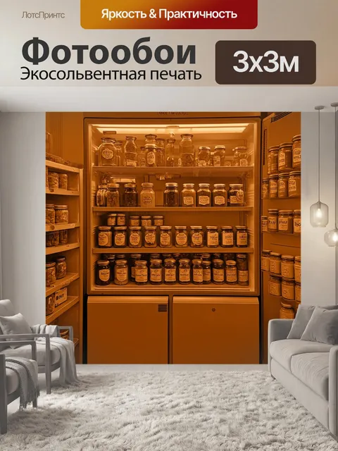 Фотообои в стиле сепия с изображением старинного холодильника и полки с консервами
