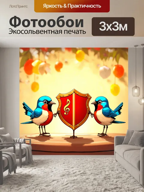Фотообои комическая сцена с крошечными птицами, "разыгрывающими" музыкальный щит