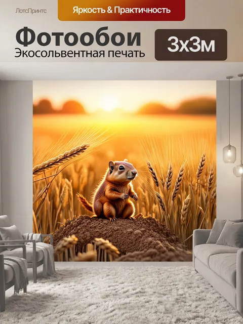 Фотообои закат на поле, где растет пшеница, золотистые колосья колышутся на ветру