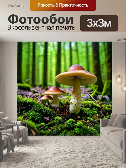 Фотообои лес с перламутровыми грибами, красочно выделяющимися на фоне леса