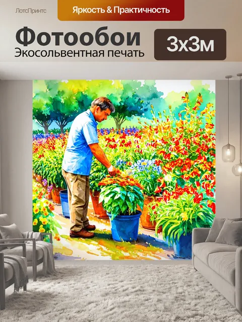 Фотообои садовод в цветущем саду