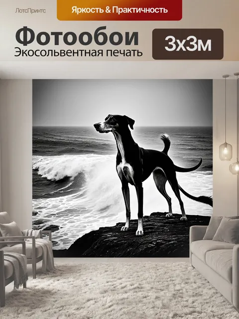 Фотообои гибридный салюки стоит на высоком утесе, смотря на бурное море с крапинками белой пены
