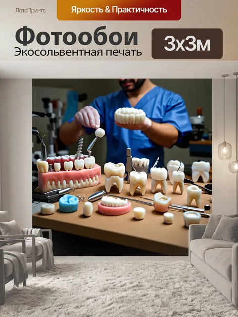 Фотообои зубной техник работает в своей мастерской с аккуратными инструментами