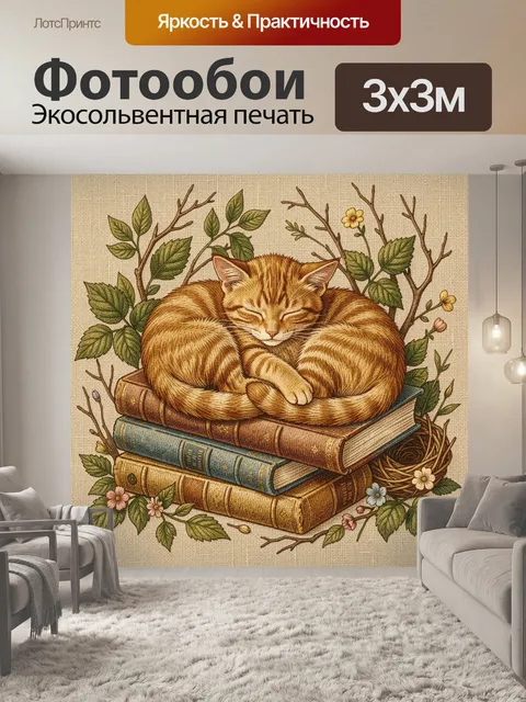 Фотообои Спящий рыжий кот на книгах
