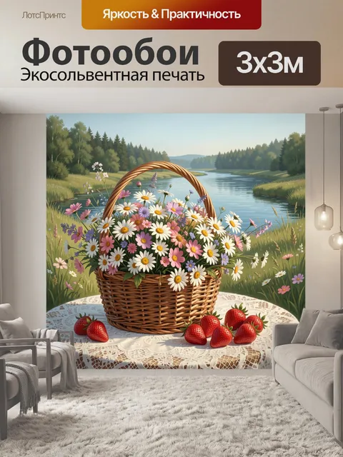Фотообои Полевые цветы и клубника у реки