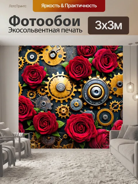 Фотообои цветы в стиле стимпанк, сочетание роз и шестеренок, придающих романтичному изображению индустриальный вид