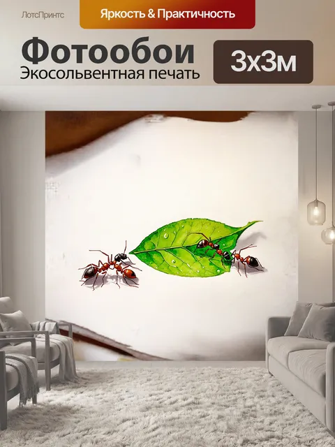 Фотообои на гладкой поверхности листа лежат три муравья, деловито исследующие свою территорию
