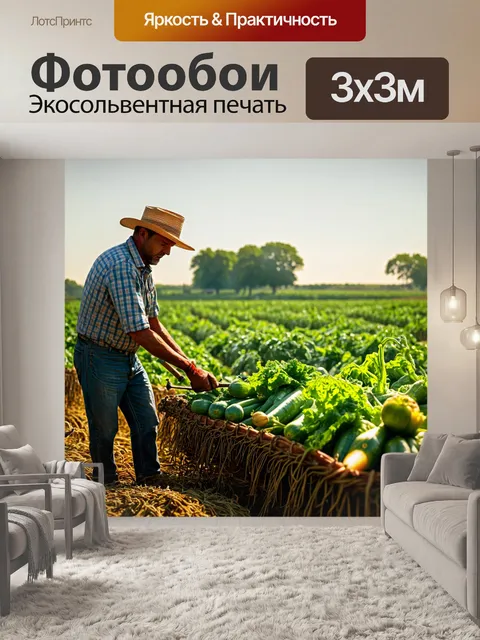 Фотообои фермер, работающий на поле, который собирает урожай овощей, с детализированными инструментами и зелеными…