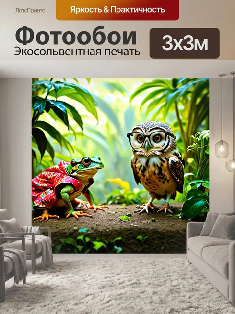 Фотообои в ботаническом саду, сова в очках и лягушка в цветном пиджаке обсуждают растения, представленные в стиле…