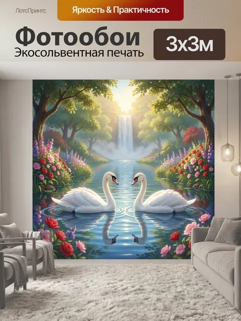 Фотообои Лебеди у лесного водопада